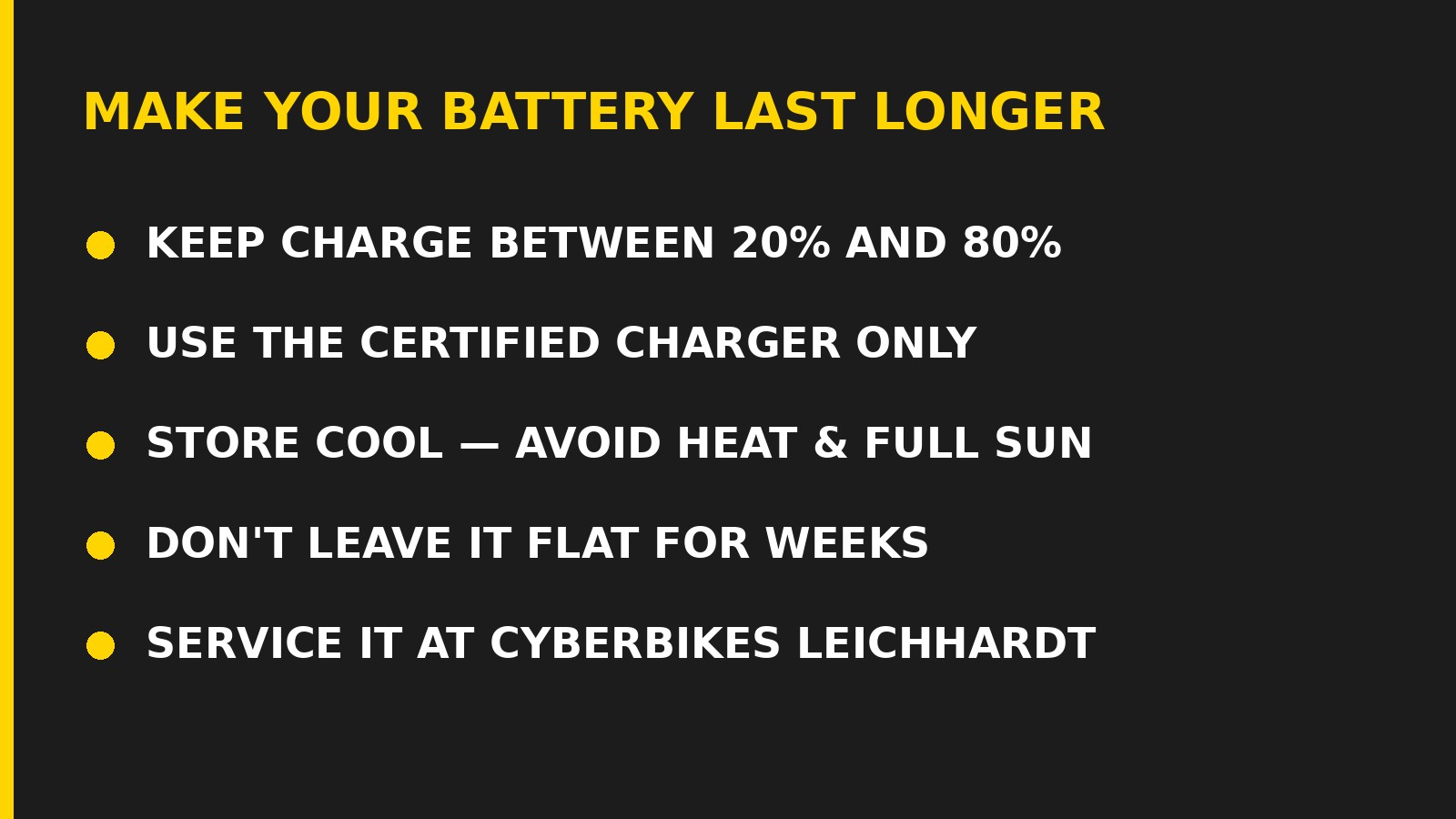How to make your e-bike battery last longer — charge 20-80%, certified charger, store cool, Cyberbikes Leichhardt