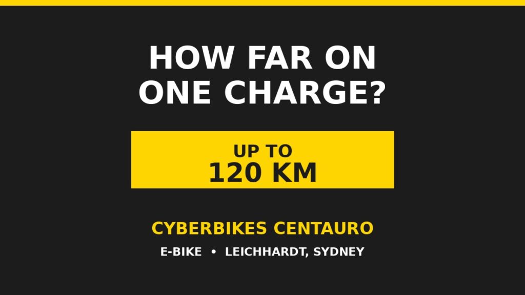 Cyberbikes Centauro e-bike range graphic showing up to 120 km on one charge, Leichhardt Sydney