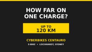 Cyberbikes Centauro e-bike range graphic showing up to 120 km on one charge, Leichhardt Sydney
