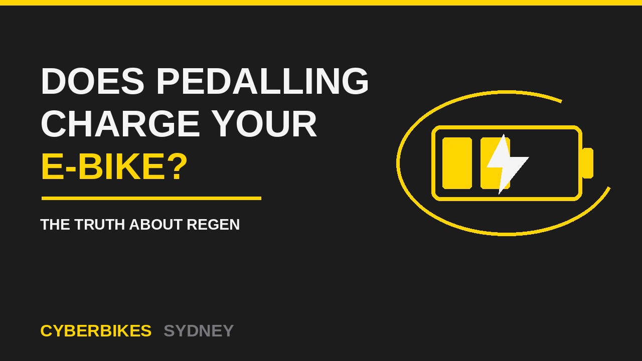 Cyberbikes Sydney graphic asking does pedalling charge your e-bike battery with battery and lightning icon