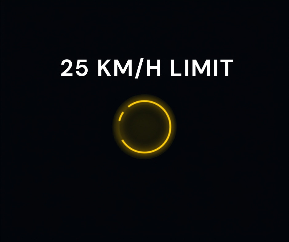Electric bike with a 25 km/h speed-limit badge at night, Cyberbikes Sydney