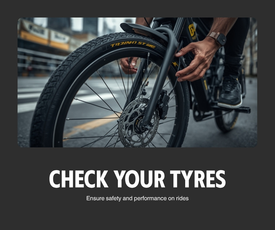 Checking the tyre pressure and disc brakes on a Cyberbikes electric bike in Sydney