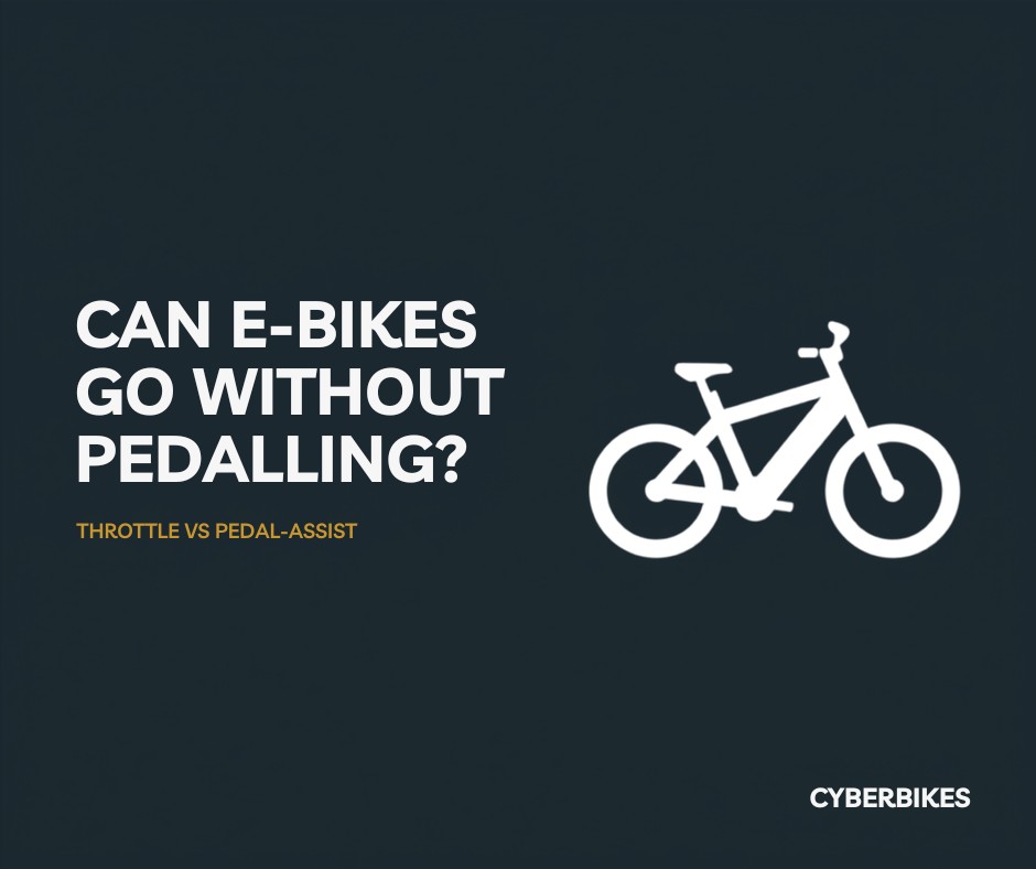 Cyberbikes graphic asking can e-bikes go without pedalling, throttle vs pedal-assist