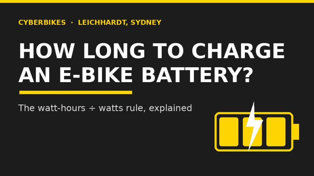 Charcoal and yellow Cyberbikes banner reading How Long To Charge An E-Bike Battery with a battery and lightning bolt icon