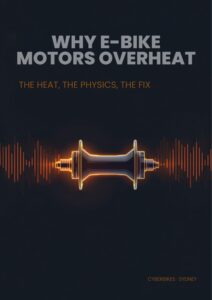 Glowing e-bike hub motor with heat waves and the headline Why E-Bike Motors Overheat, Cyberbikes Sydney
