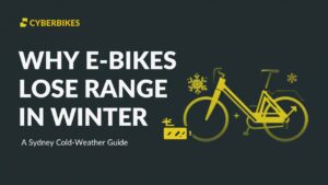 Cyberbikes Sydney banner explaining why an e-bike battery loses range in cold winter weather