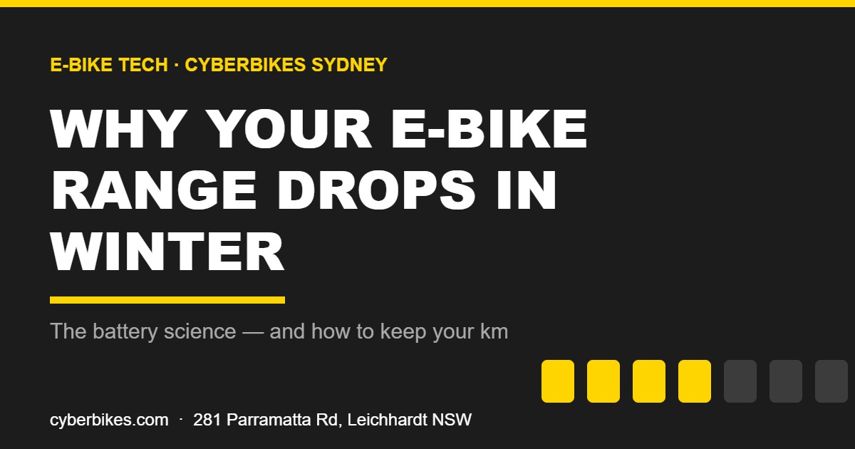Cyberbikes banner explaining why e-bike range drops in winter with a battery charge graphic