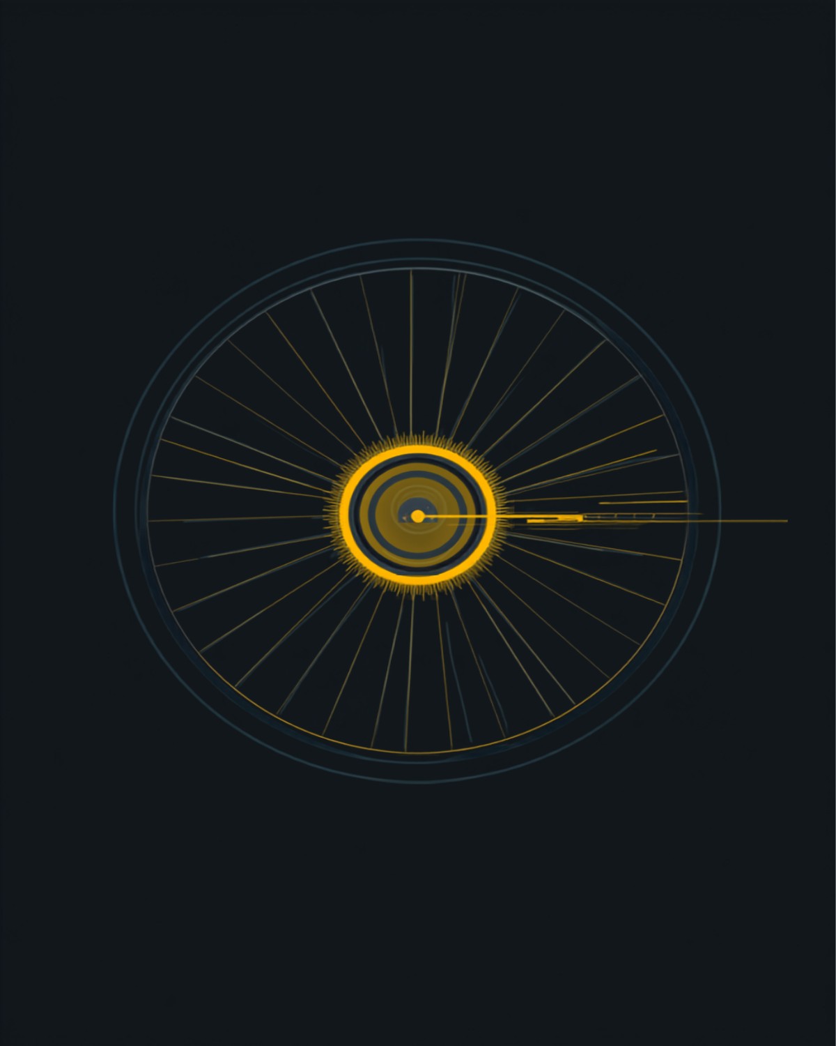 Minimalist illustration of an e-bike rear wheel with a glowing cyber-yellow hub motor at the centre representing electric power and back-EMF