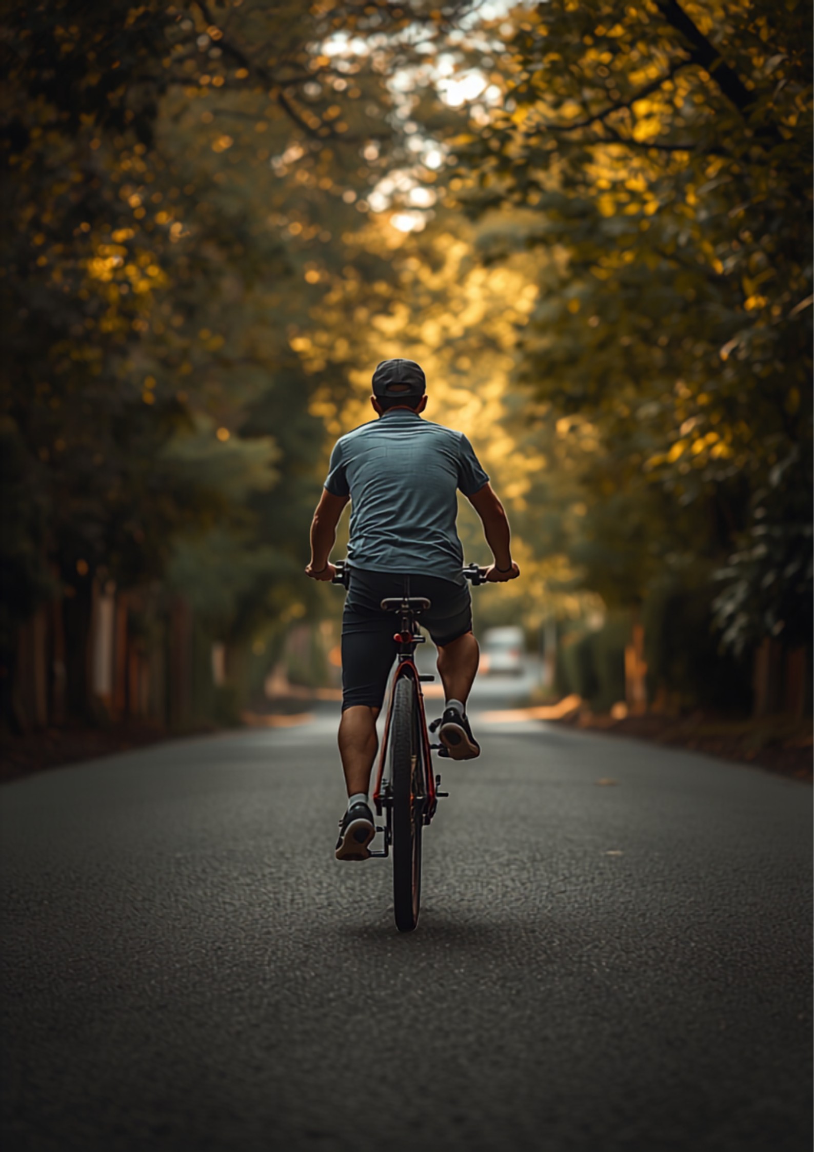 Cyclist riding an electric bike up a leafy Sydney hill in golden afternoon light