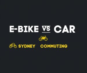 E-bike vs car for commuting in Sydney comparison graphic in Cyberbikes charcoal and yellow branding