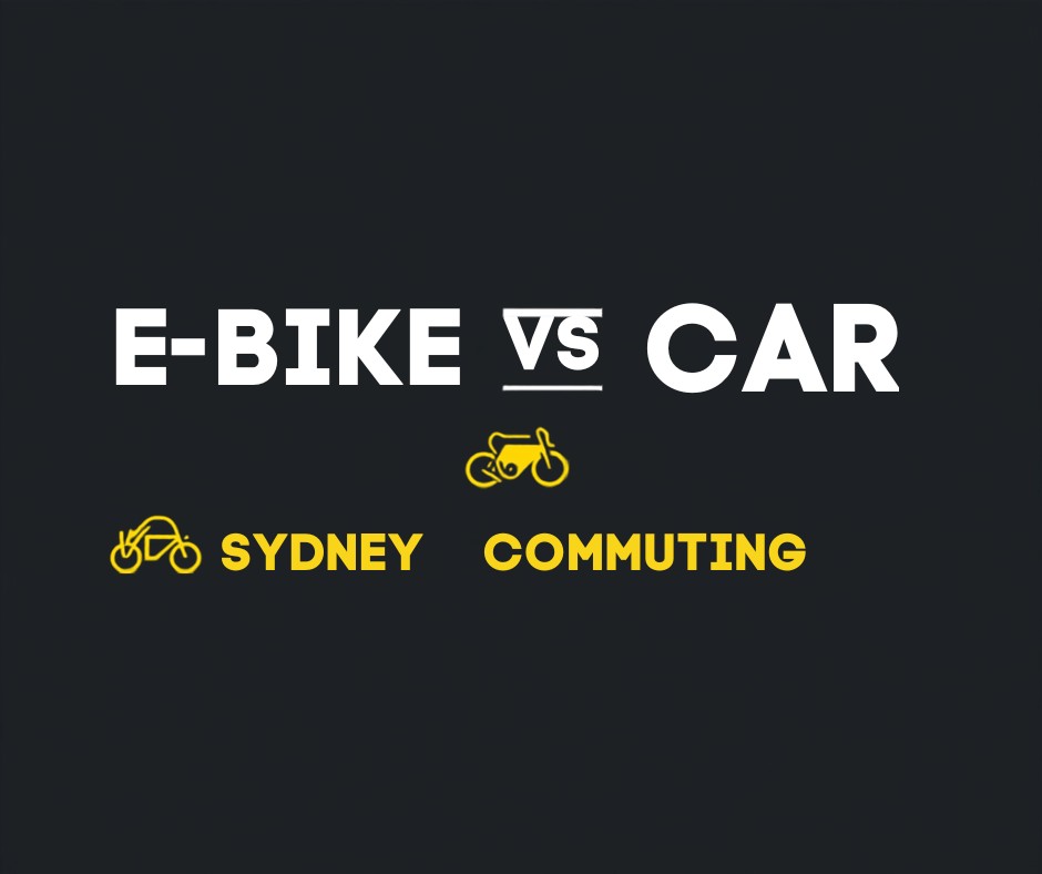 E-bike vs car for commuting in Sydney comparison graphic in Cyberbikes charcoal and yellow branding