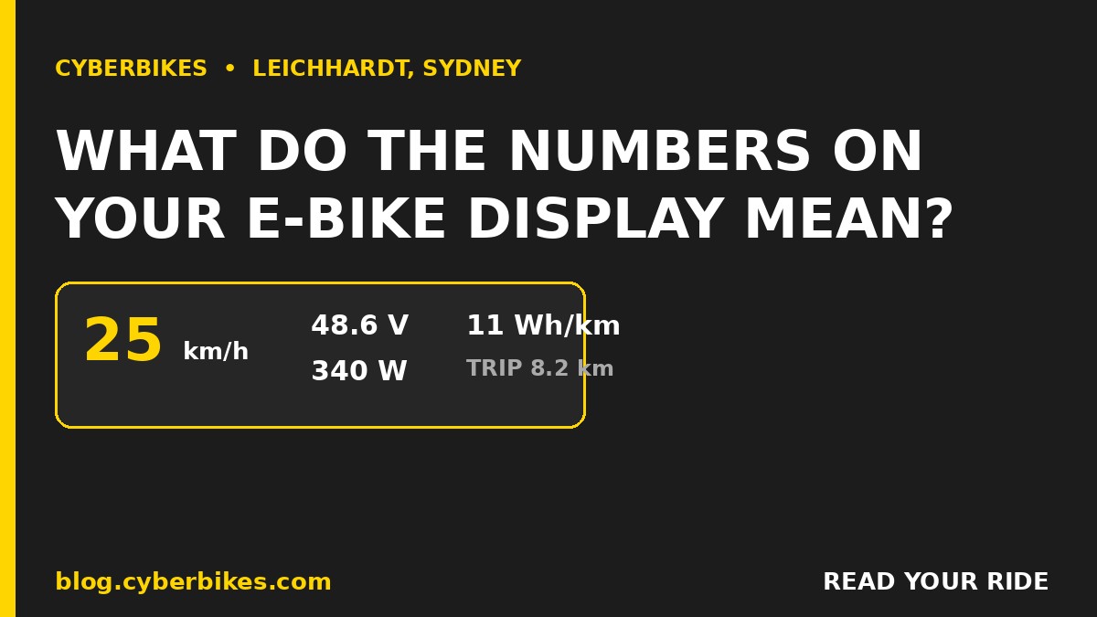 Cyberbikes graphic explaining what the numbers on an e-bike display mean: speed, volts, watts and Wh per km