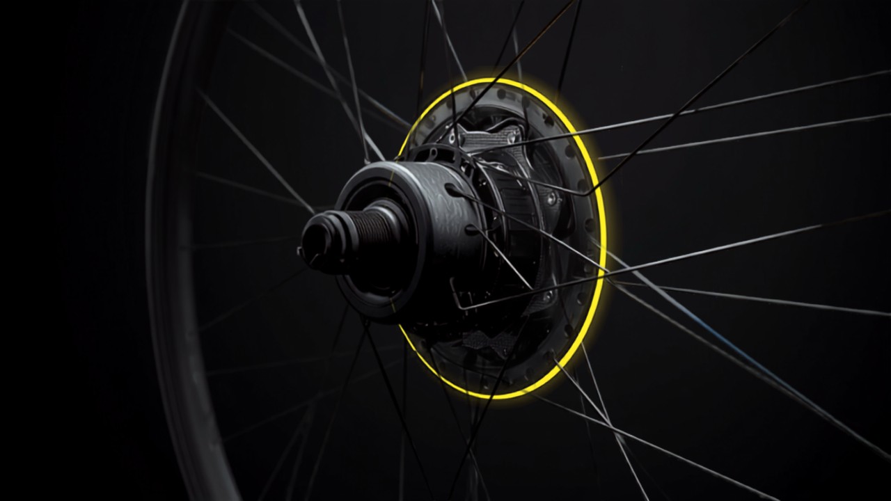 Close-up of an electric bike rear hub motor laced into the wheel with a cyber-yellow accent ring on a charcoal background