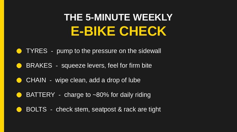 Cyberbikes five-minute weekly e-bike maintenance checklist: tyres, brakes, chain, battery and bolts