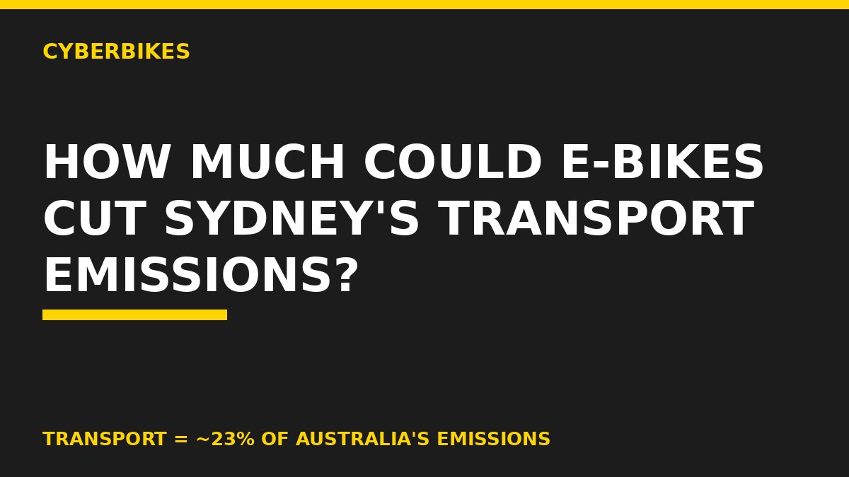 Charcoal and yellow Cyberbikes banner asking how much e-bikes could cut Sydney transport emissions, noting transport is about 23% of Australia emissions