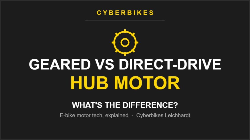 Geared vs direct-drive hub motor comparison title graphic — Cyberbikes Sydney e-bike guide