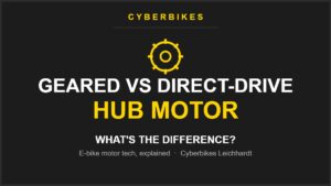 Geared vs direct-drive hub motor comparison title graphic — Cyberbikes Sydney e-bike guide