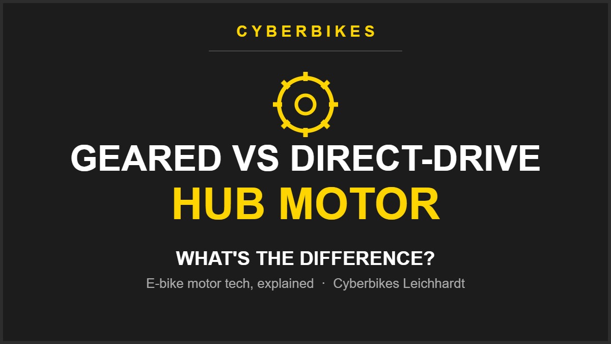 Geared vs direct-drive hub motor comparison title graphic — Cyberbikes Sydney e-bike guide
