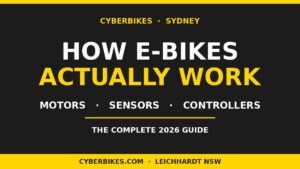 How e-bikes actually work: diagram-style featured image showing the words motors, sensors and controllers in Cyberbikes brand colours
