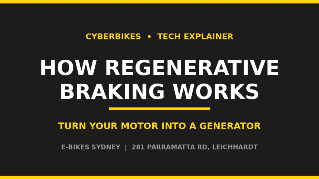 Cyberbikes tech explainer banner: How regenerative braking works on an e-bike, turning the motor into a generator