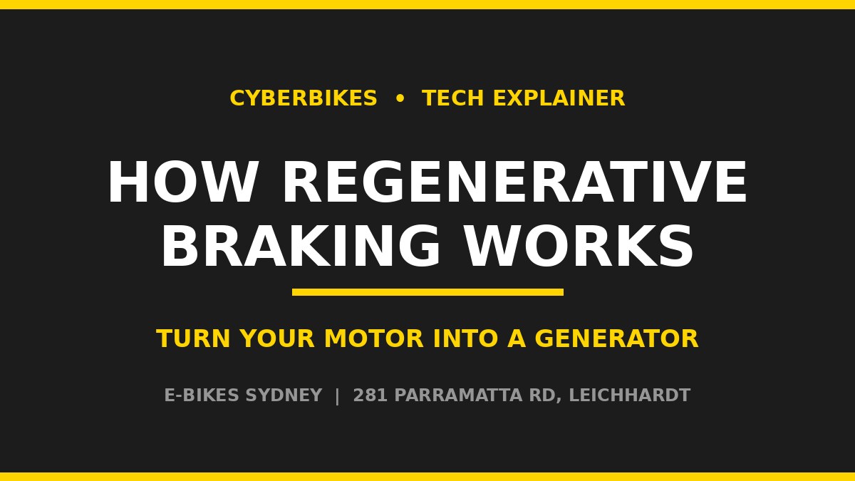 Cyberbikes tech explainer banner: How regenerative braking works on an e-bike, turning the motor into a generator
