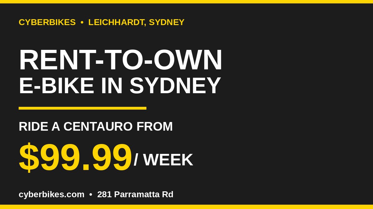 Rent-to-own e-bike Sydney: ride a Cyberbikes Centauro from $99.99 per week