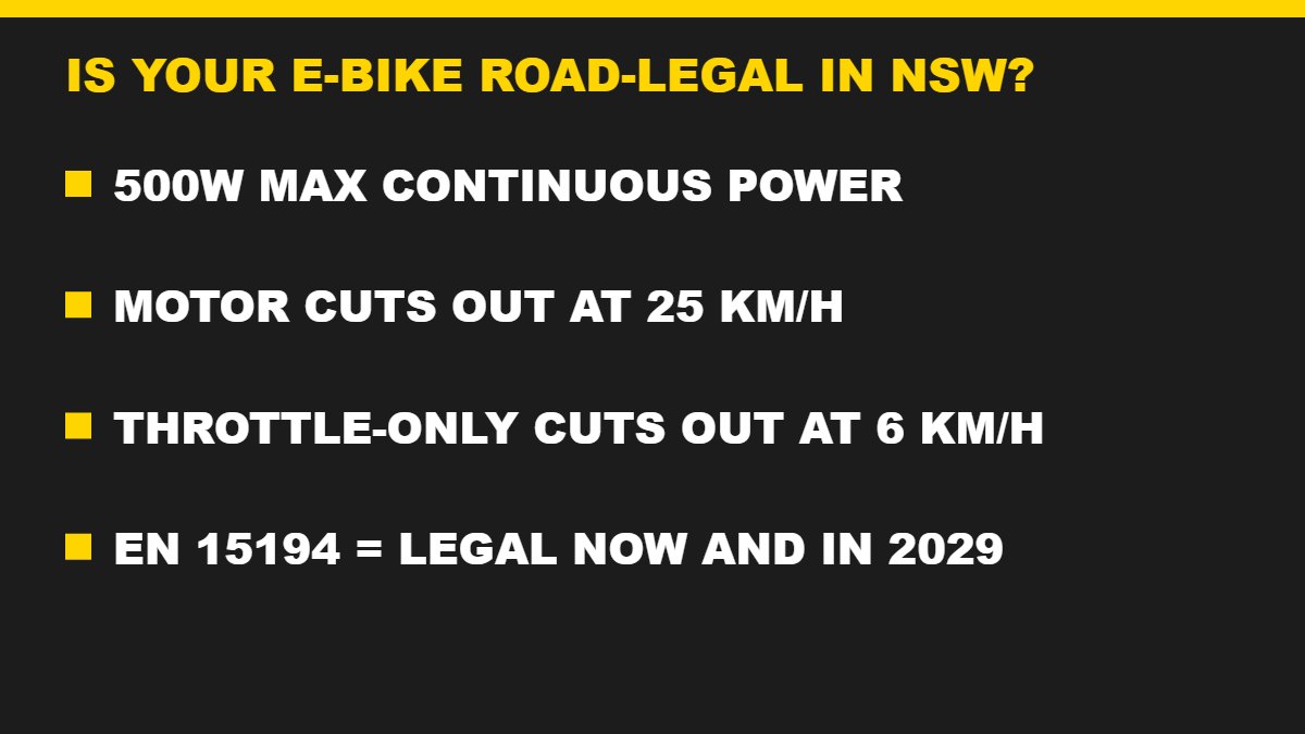 Checklist showing NSW road-legal e-bike rules: 500W max power, 25km/h and 6km/h cut-offs, EN 15194