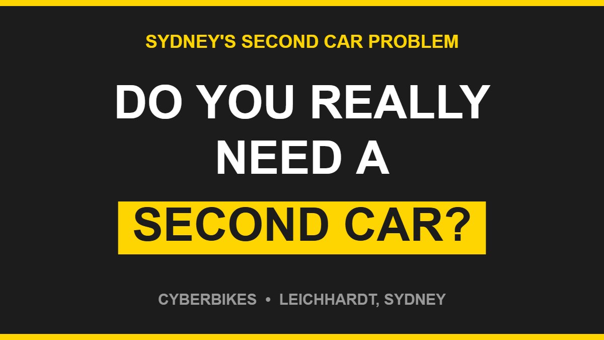 Bold charcoal and Cyber Yellow graphic asking Do You Really Need A Second Car in Sydney, Cyberbikes Leichhardt
