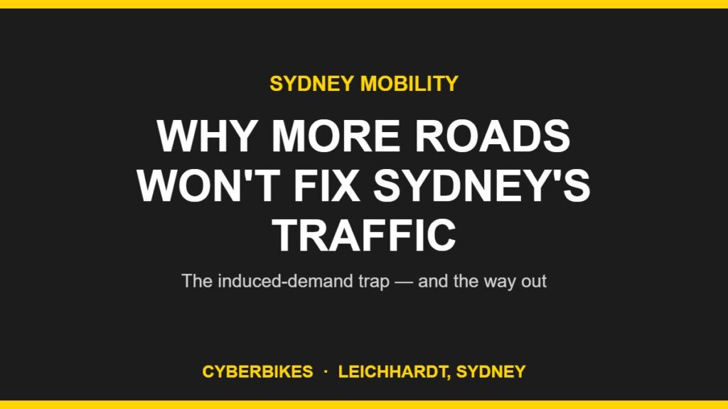 Cyberbikes charcoal-and-yellow graphic reading Why More Roads Won't Fix Sydney's Traffic, on induced demand