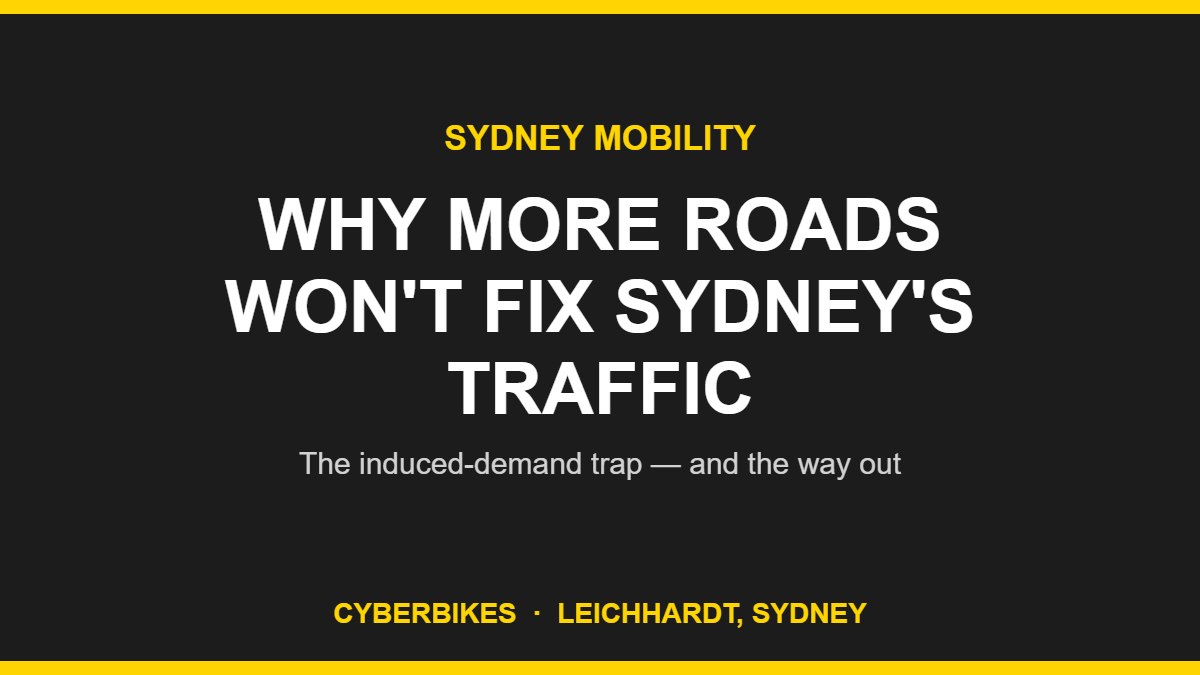 Cyberbikes charcoal-and-yellow graphic reading Why More Roads Won't Fix Sydney's Traffic, on induced demand