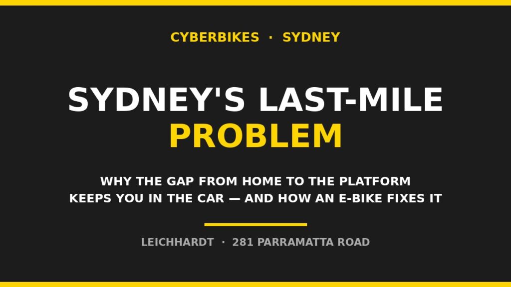 Cyberbikes banner reading Sydney's last-mile problem: why the gap from home to the platform keeps you in the car and how an e-bike fixes it