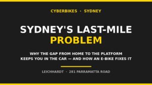 Cyberbikes banner reading Sydney's last-mile problem: why the gap from home to the platform keeps you in the car and how an e-bike fixes it