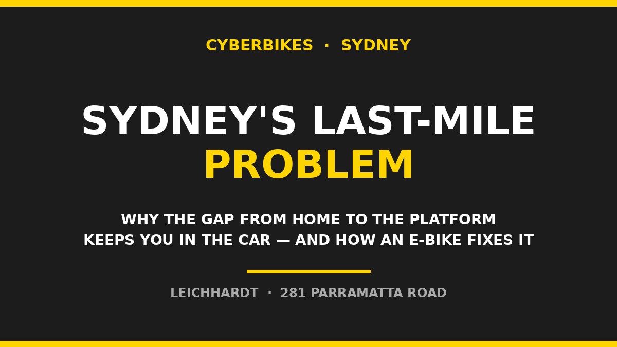 Cyberbikes banner reading Sydney's last-mile problem: why the gap from home to the platform keeps you in the car and how an e-bike fixes it