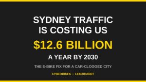 Cyberbikes brand graphic: Sydney traffic is costing us $12.6 billion a year by 2030, the e-bike fix for a car-clogged city