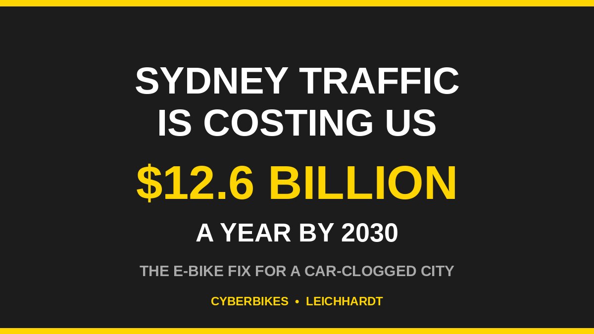 Cyberbikes brand graphic: Sydney traffic is costing us $12.6 billion a year by 2030, the e-bike fix for a car-clogged city