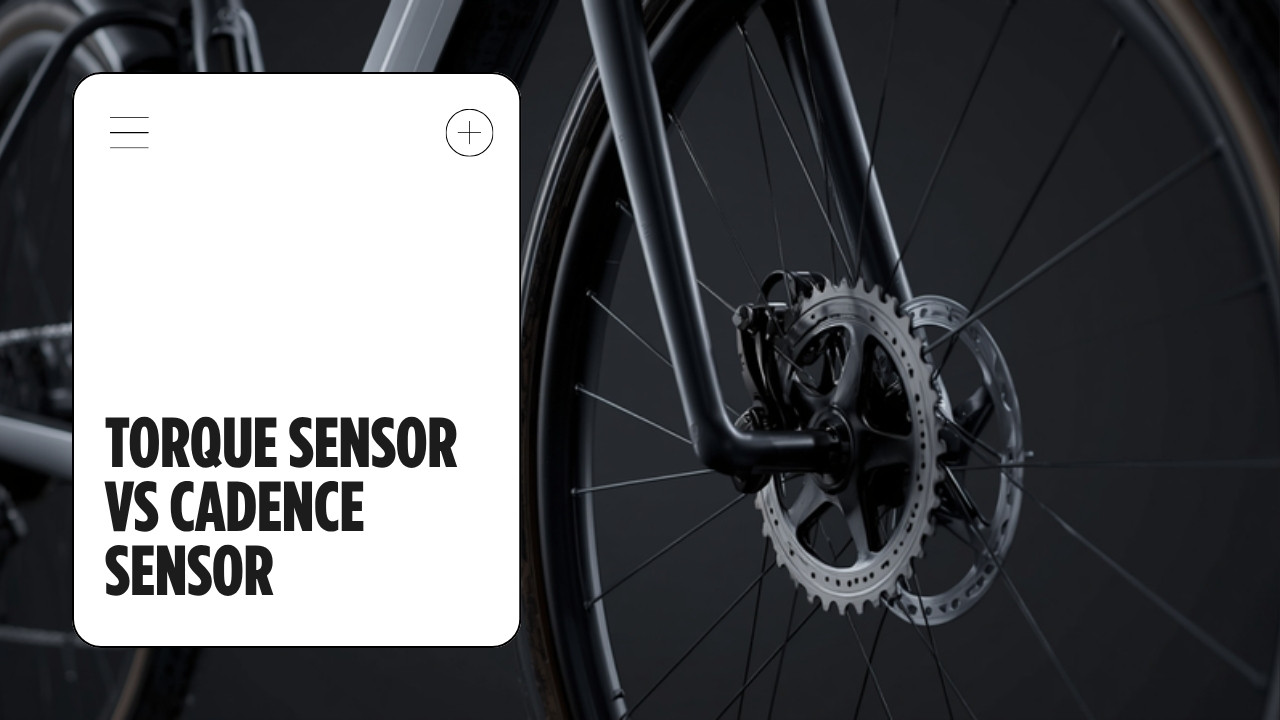 E-bike crank and chainring close-up with the headline Torque Sensor vs Cadence Sensor