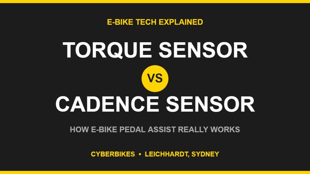 Cyberbikes graphic comparing torque sensor vs cadence sensor pedal assist on an e-bike