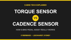 Cyberbikes graphic comparing torque sensor vs cadence sensor pedal assist on an e-bike
