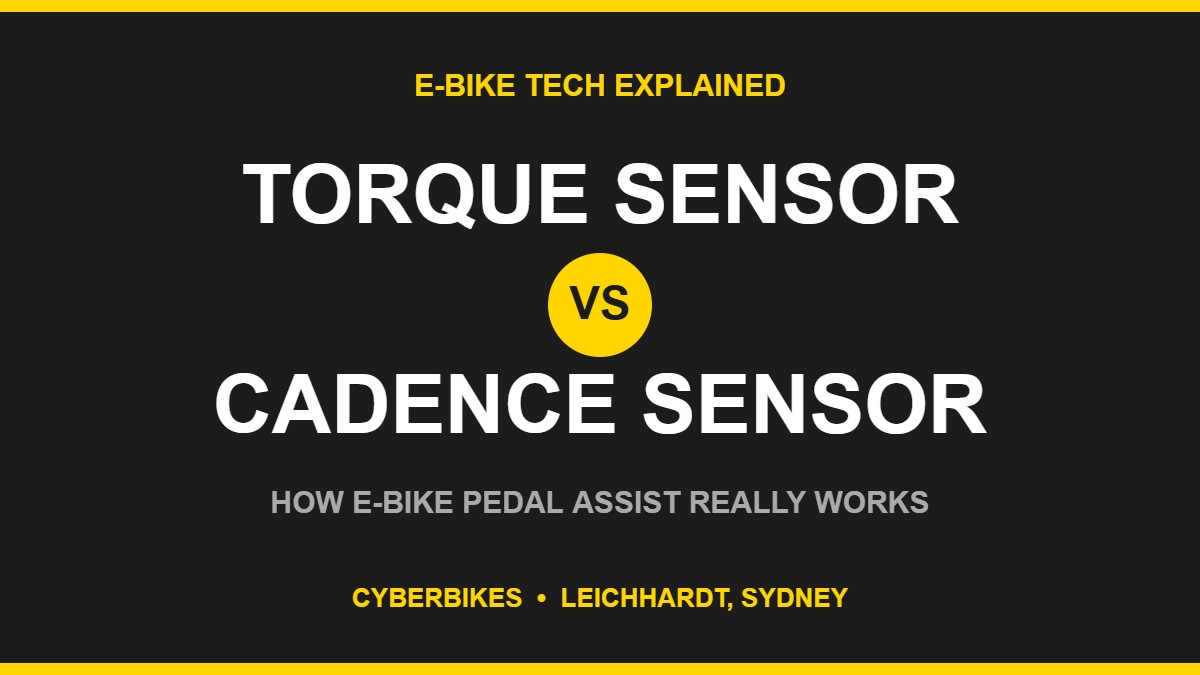 Cyberbikes graphic comparing torque sensor vs cadence sensor pedal assist on an e-bike
