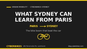 Cyberbikes brand banner: white bold text What Sydney Can Learn From Paris on charcoal with Cyber Yellow arrow from Paris to Sydney and a bicycle icon