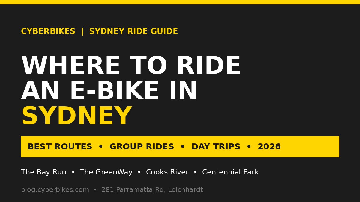 Cyberbikes charcoal and Cyber Yellow banner reading Where to Ride an E-Bike in Sydney, listing the Bay Run, GreenWay, Cooks River and Centennial Park