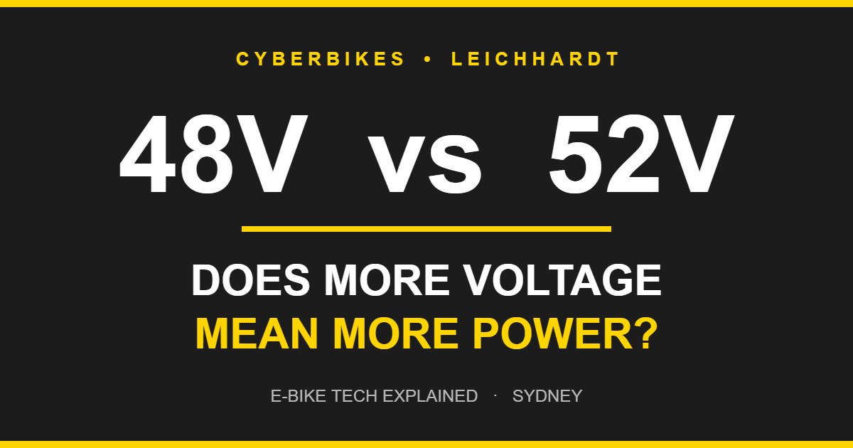 Cyberbikes graphic asking does more voltage mean more power, comparing 48V vs 52V e-bike batteries