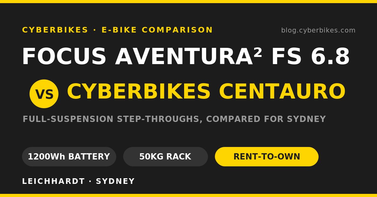 Cyberbikes comparison banner: Focus Aventura 2 FS 6.8 versus Cyberbikes Centauro full-suspension e-bikes in Sydney