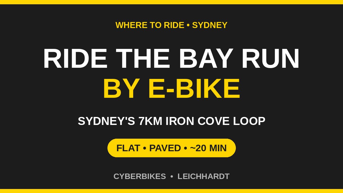 Cyberbikes brand graphic reading Ride the Bay Run by e-bike, Sydney's 7km Iron Cove loop, flat and paved, about 20 minutes