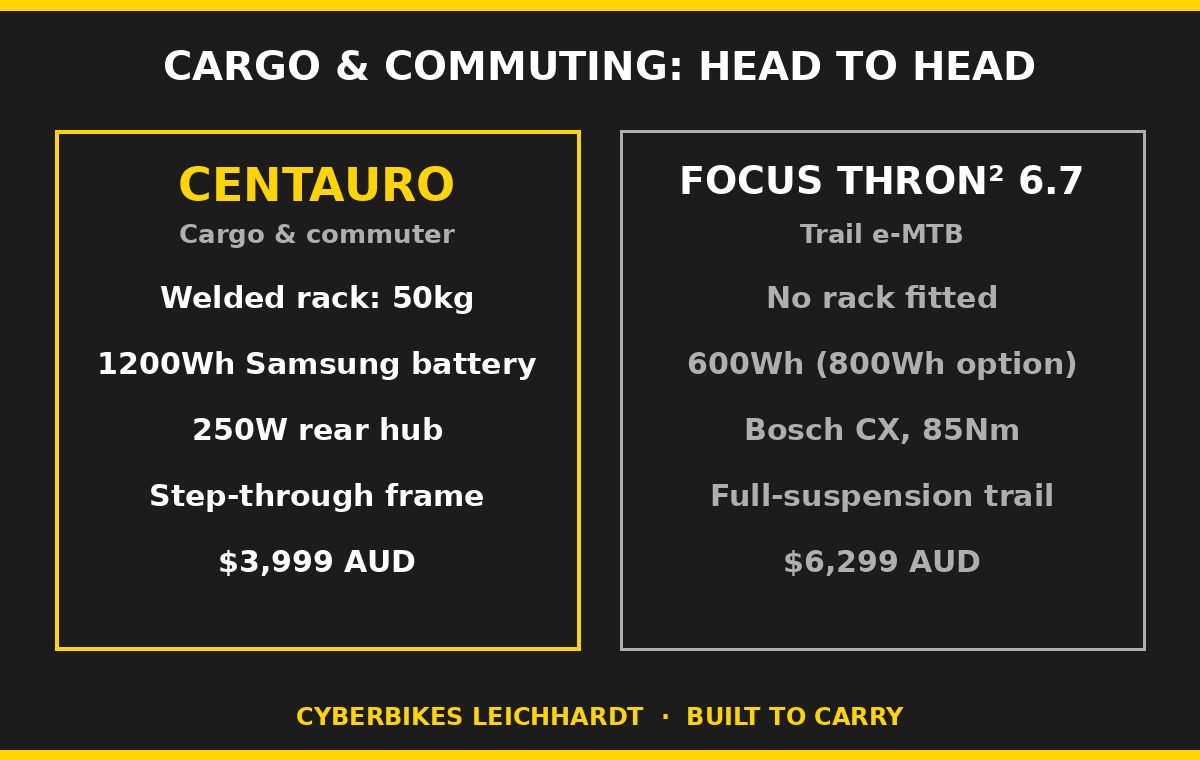 Cargo comparison: Cyberbikes Centauro 50kg welded rack and 1200Wh battery versus Focus Thron 6.7 trail e-MTB with no rack