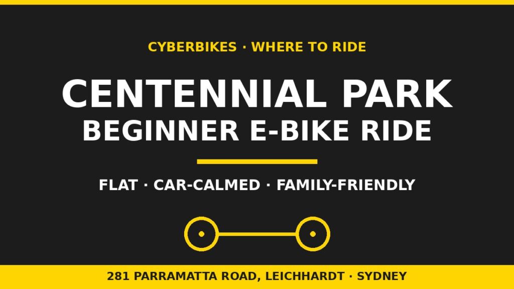 Cyberbikes graphic for a beginner e-bike ride at Centennial Park in Sydney, charcoal and Cyber Yellow