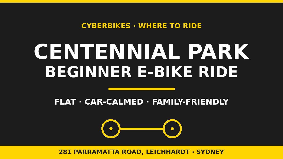 Cyberbikes graphic for a beginner e-bike ride at Centennial Park in Sydney, charcoal and Cyber Yellow