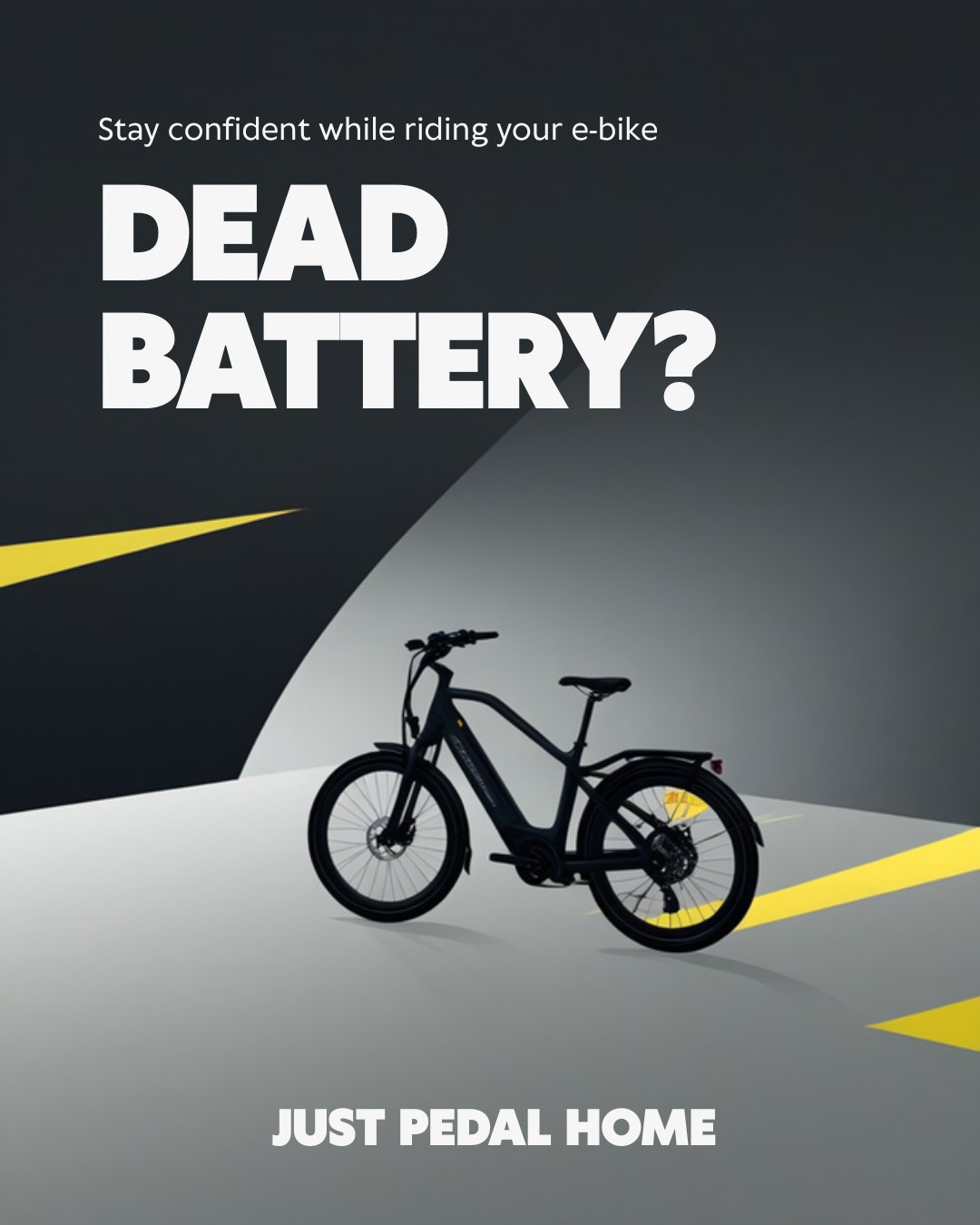 Cyber Yellow e-bike graphic with the words dead battery just pedal home from Cyberbikes