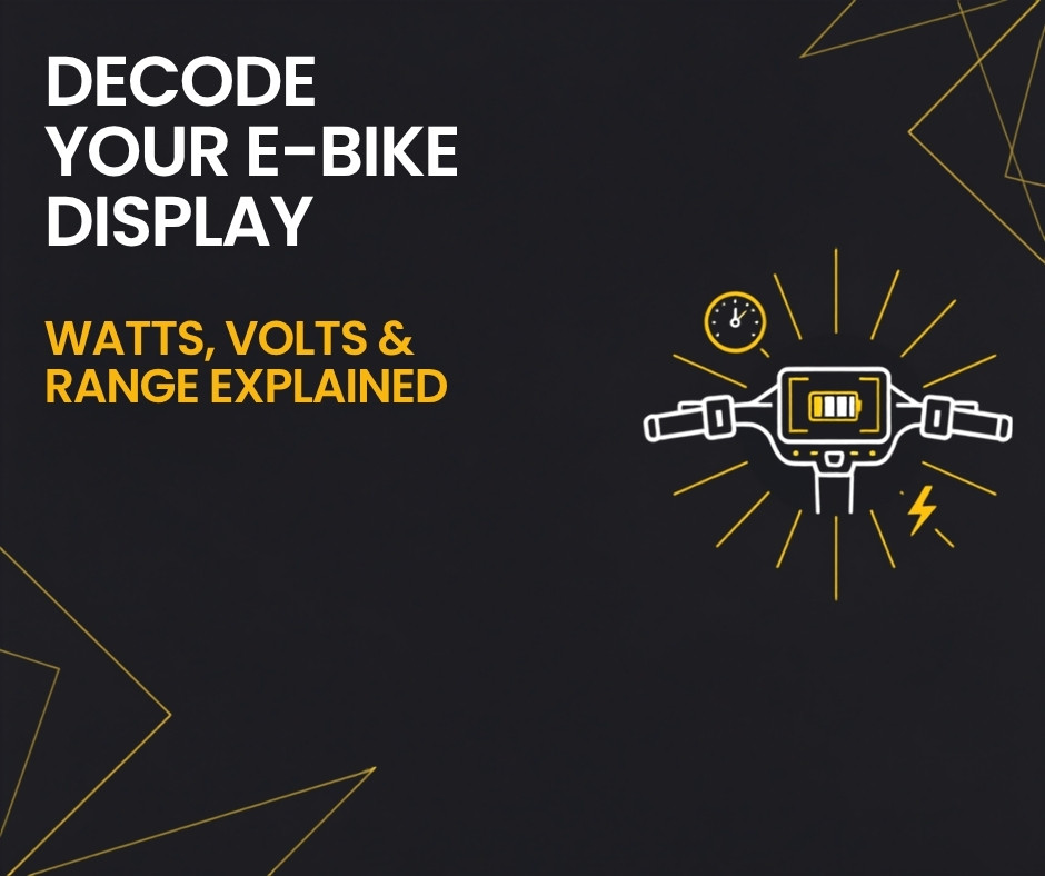Dark charcoal Cyberbikes banner reading Decode Your E-Bike Display, with an illustrated e-bike handlebar dashboard showing speed, battery and power icons