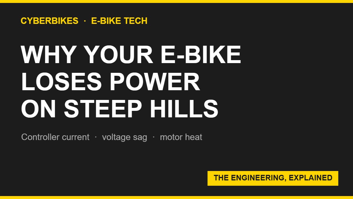 Cyberbikes banner: why your e-bike loses power on steep hills - controller current, voltage sag, motor heat